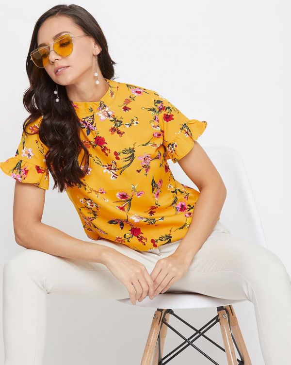 High Neck Yellow Floral Printed Crepe Light Weight Top With Baloon Sleeves