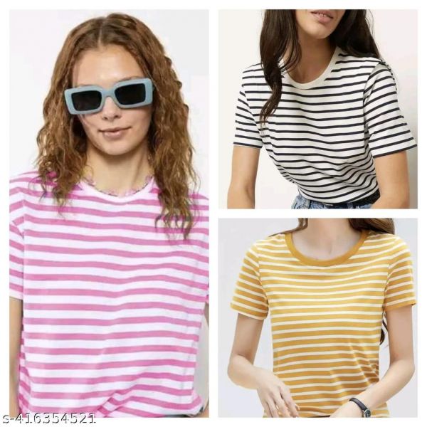 Yellow Pink Black Combo Striped Printed Cotton Blend Top Tshirt Pack of 3