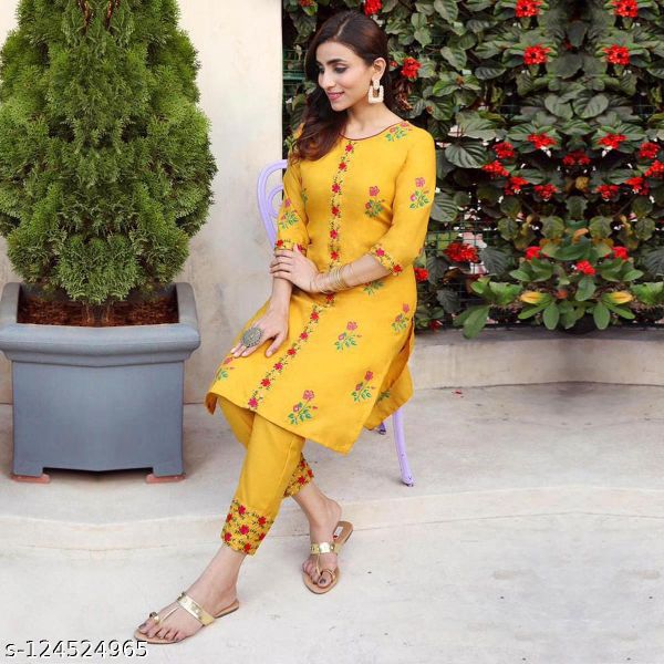 Yellow Pure Heavy Cotton Embroidered & Printed Kurta with Pants For Women