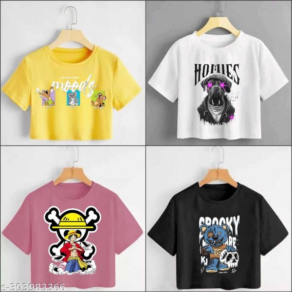 Yellow White Black Pink Combo Printed Cotton Blend Crop Top Short Tshirt Pack of 4