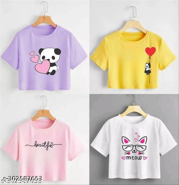 Yellow White Purple Pink Combo Printed Cotton Blend Crop Top Short Tshirt Pack of 4